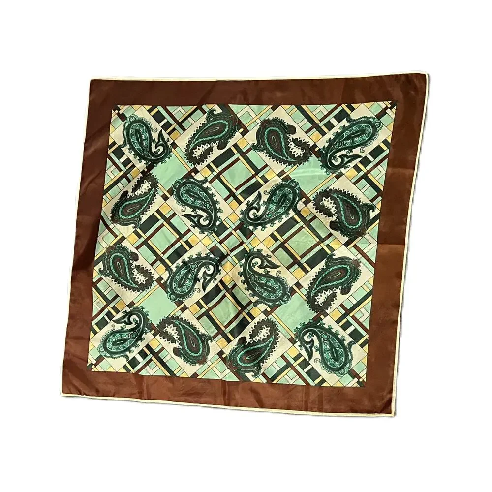 Vintage Scarf Green Brown Paisley Plaid Hand Rolled Polyester Retro Mod 26 1970s